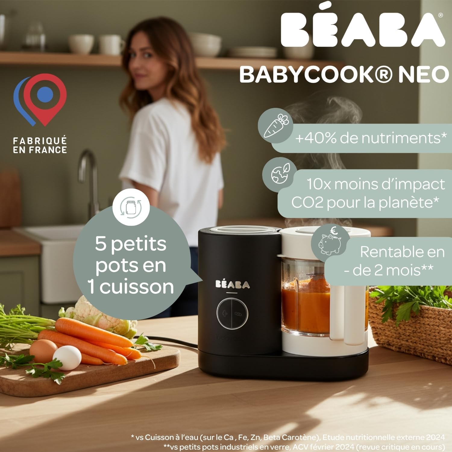 BÉABA Babycook Néo Robot Bébé 6 en 1 Made in France Mixeur-Cuiseur Bol en Verre et Cuve Inox Diversification Alimentaire Petits Pots Bébé Maison Cuisson Vapeur Douce Rapide Noir