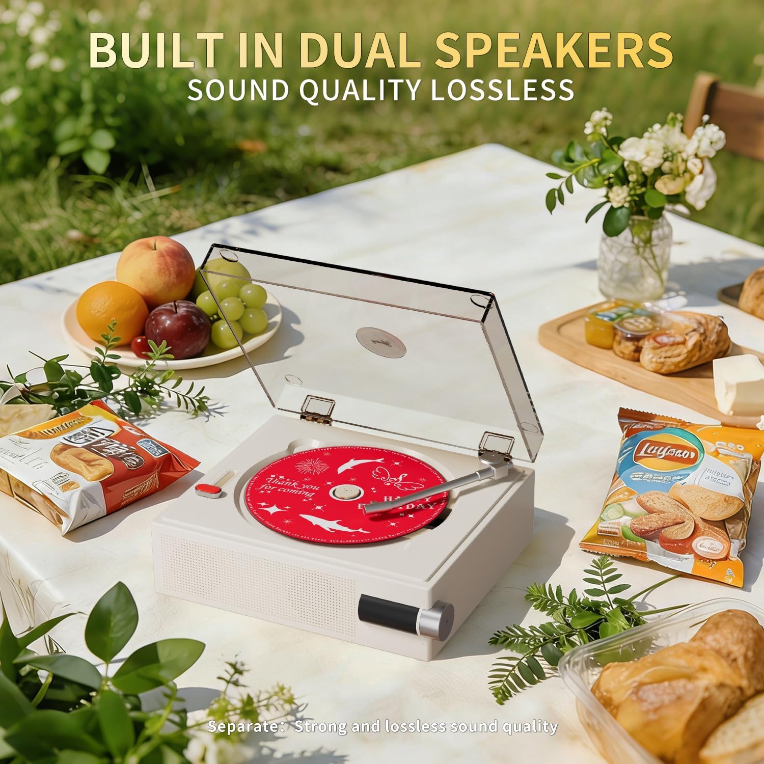 2026 New CD Player with Speakers, Cream White, Clear Acrylic Lid, Rechargeable, Festival Gift for Home Decor
