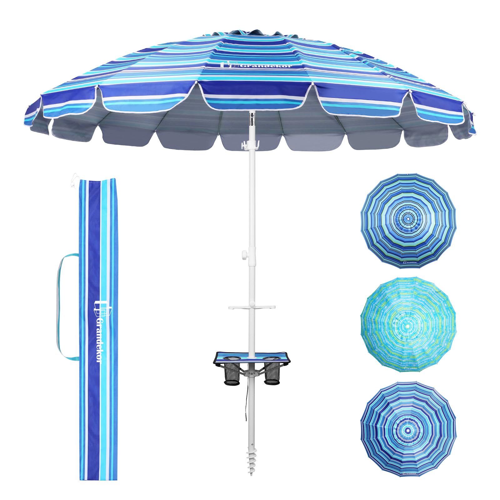 Grandekor Beach Umbrellas for Sand Heavy Duty Wind Portable Beach Umbrella with Table Travel Beach Umbrella with Carry Bag 8.5FT Sun Umbrella Beach, UV 50+