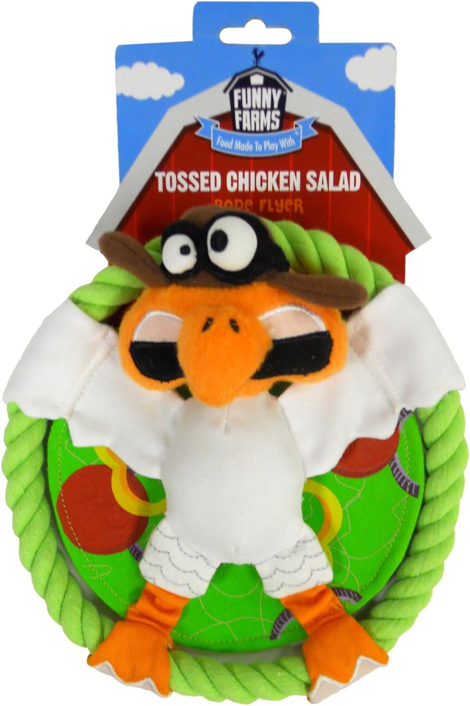 ROMP! Funny Farms Tossed Chicken Salad, Plush and Rope Tosser Dog Toy