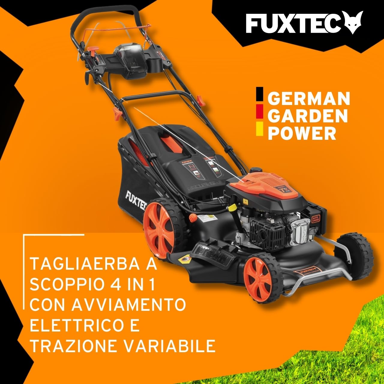 FUXTEC FX-RM5396eSPRO Tagliaerba a scoppio semovente, avviamento elettrico, velocità regolabile, scarico laterale, larghezza di taglio 53 cm, mulching, altezza 25-75 mm, cassetta per erba 70L