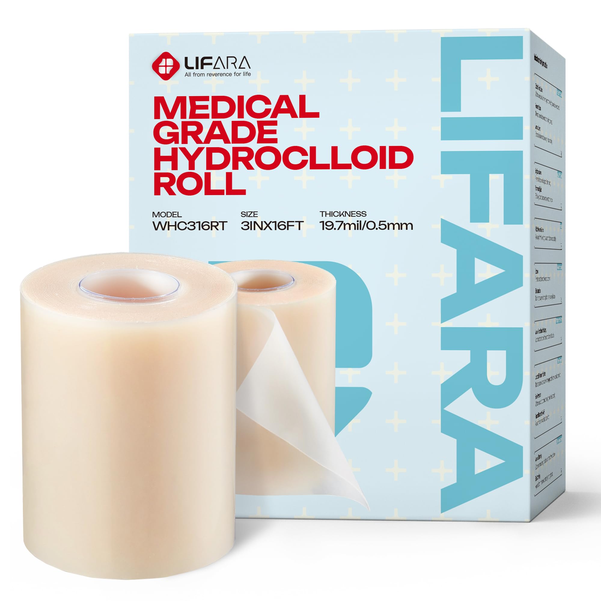 LIFARA Hydrocolloid Roll for Wound Care - Cut-to-Size, Extra Large Hydrocolloid Patch Bandages with Self-Adhesive, Waterproof, First Aid Kit Essential (3in*16ft, 19.7mil/ 0.5mm Thickness)