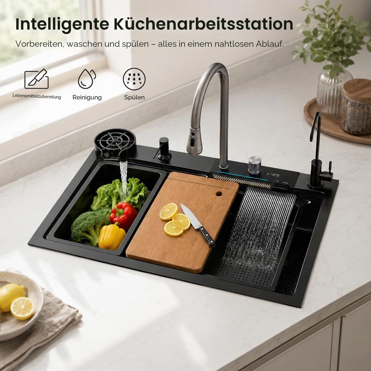 Küchenspüle aus Edelstahl – Spüle mit LED-Anzeige, einfache Installation und doppeltem Wasserfall-Design, inklusive hochwertigem Zubehör (80 * 45cm)