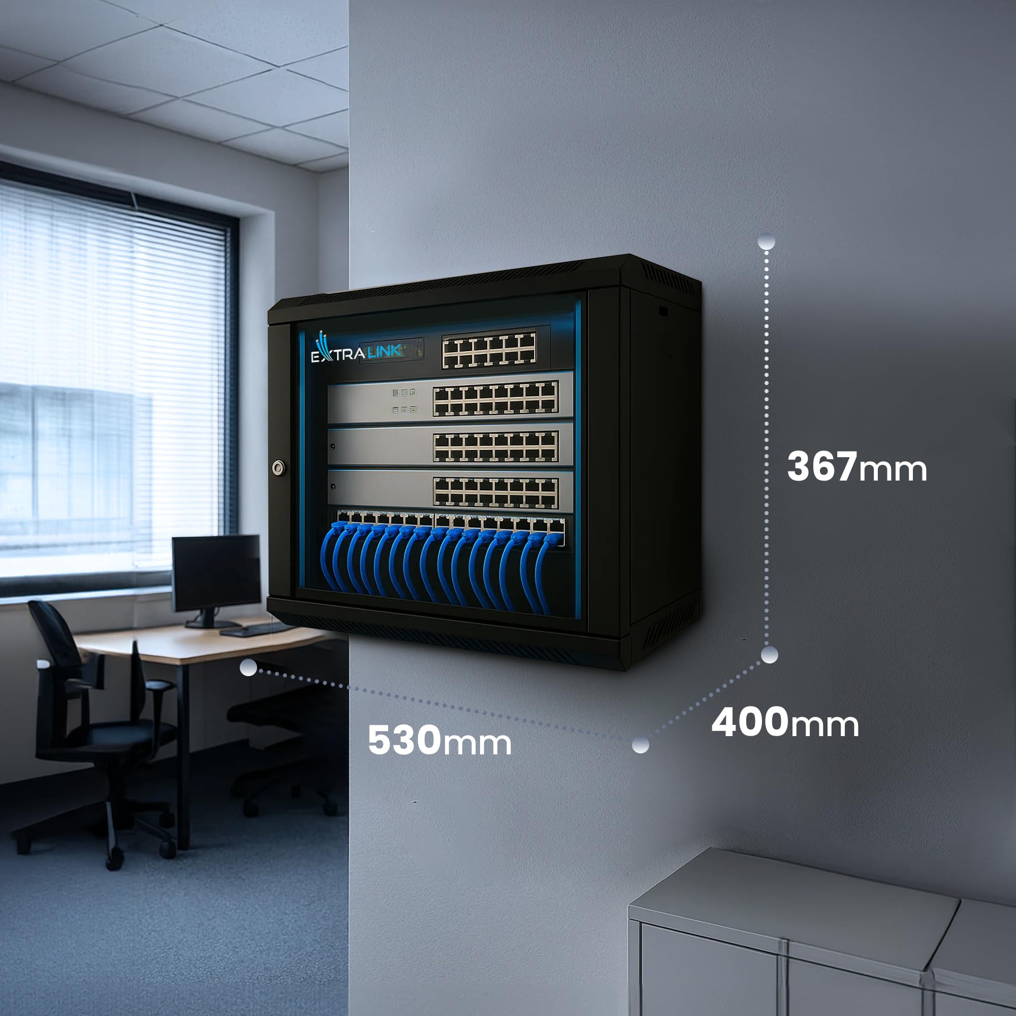 Extralink Armario Rack de 19" 6U - Armario de Red de 400 mm, Estante Incluido, Montaje en Pared o Suelo, hasta 60 kg, Apertura de 180°, Negro - para Red doméstica y Equipos informáticos