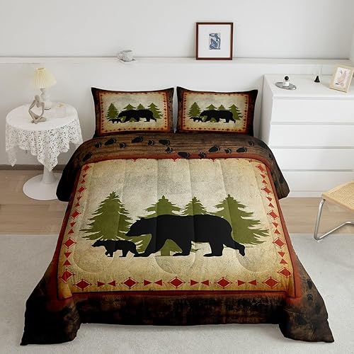 Juego de edredón de oso, tamaño matrimonial, ropa de cama rústica de oso salvaje, oso salvaje, juegos de ropa de cama de oso salvaje, decoración de