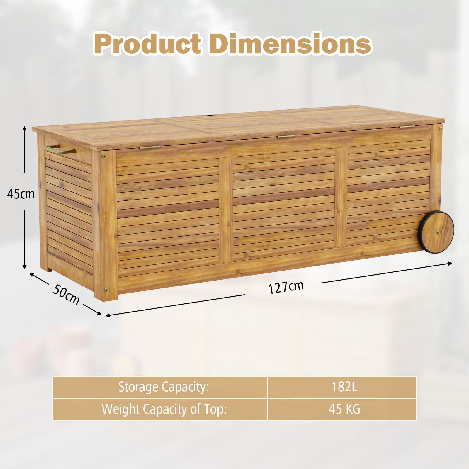 HOMASIS Auflagenbox 182L mit Rollen, Gartenbox aus Akazienholz, Kissenbox mit wasserdichte Innentasche, Gartenbox Gartentruhe mit Griff, Auflagentruhe 150 kg belastbar, Aufbewahrungstruhe Kissentruhe