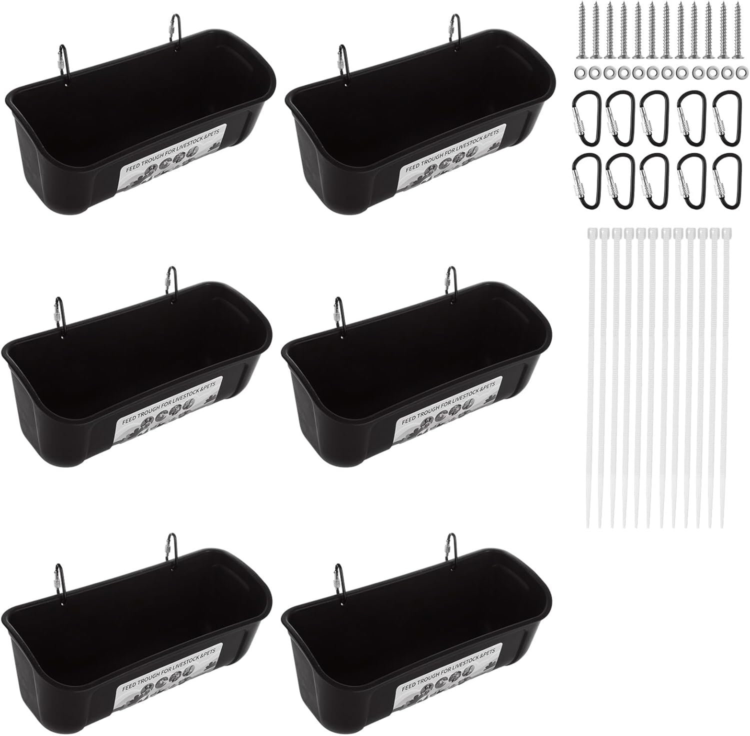 6 PCS Black Goat Feeder Hanging Pig Feeder with Clips 5 Quart Chicken Feeder Trough Poultry Feeder Hanging Goat Mineral Feeder Chicken Coop Feeder and Waters for Livestock, Pets, Poultry
