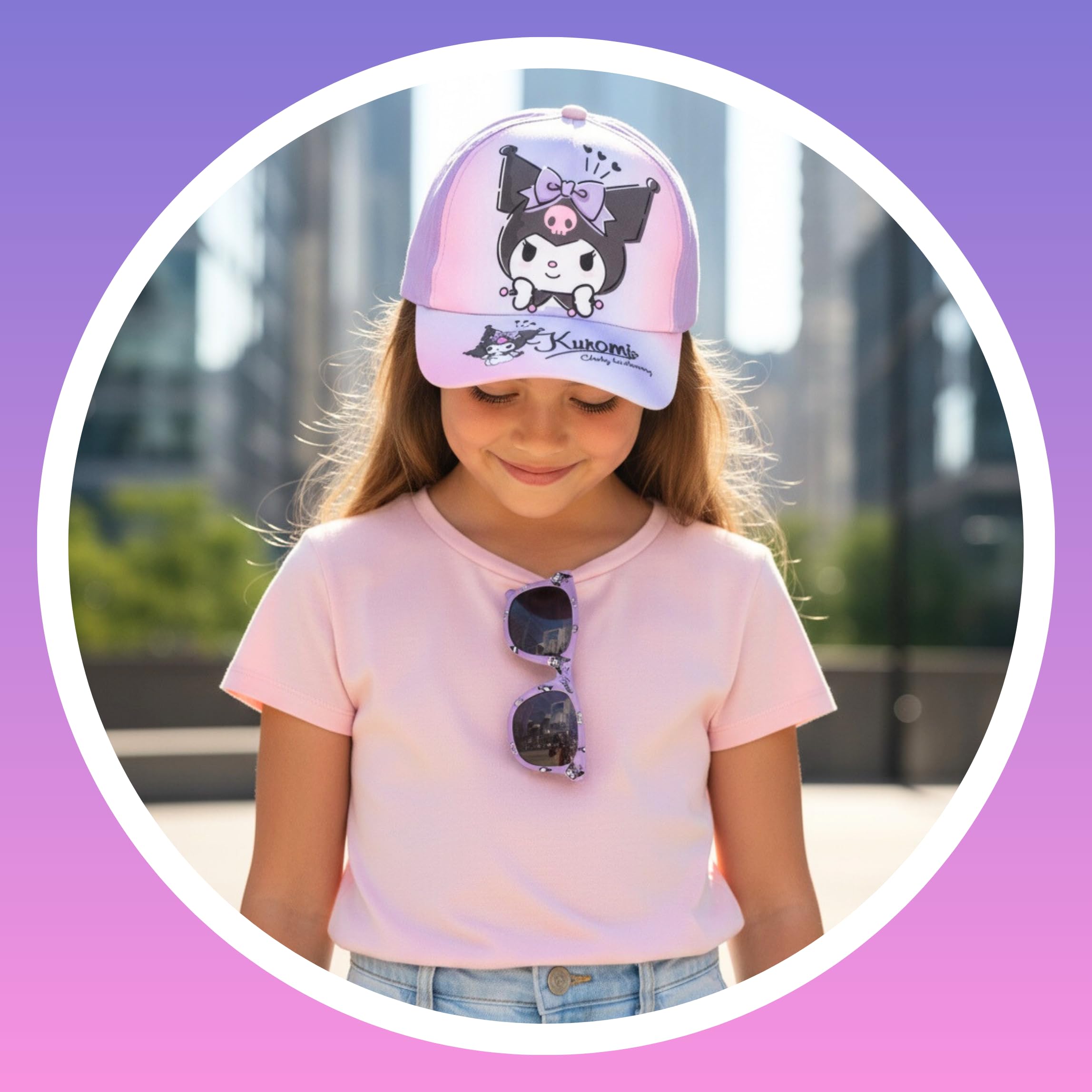 Hello Kitty Kuromi Gorra y Gafas de Sol para Niñas, Gafas de Sol Protección UV, Gorro de Beisbol Infantil