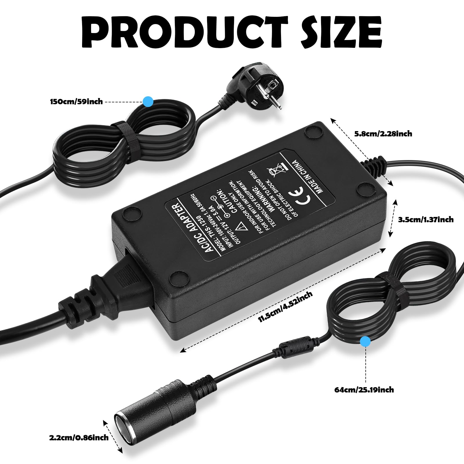 Adaptador Mechero Coche a Enchufe, 5A/60W Transformador 12V a 220, Convertidor 12V 220V, con Encendidor de Cigarrillo de Coche, para Nevera de Coche, Inflador de Neumáticos, Aspiradora de Coch