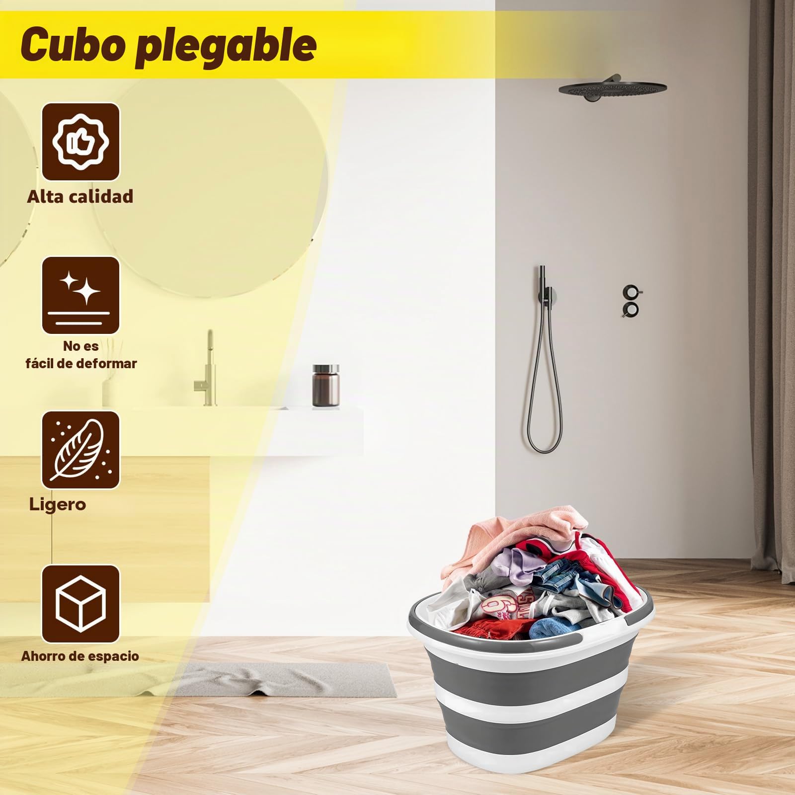 Cubo Plegable de Silicona y Plástico 16L con Asas, Barreño Limpieza Portátil, Palangana Ahorra Espacio, Balde de Agua Multiusos, Cesta Colada Casa para Camping, Excursiones, Cocina, Aire Libre y Coche