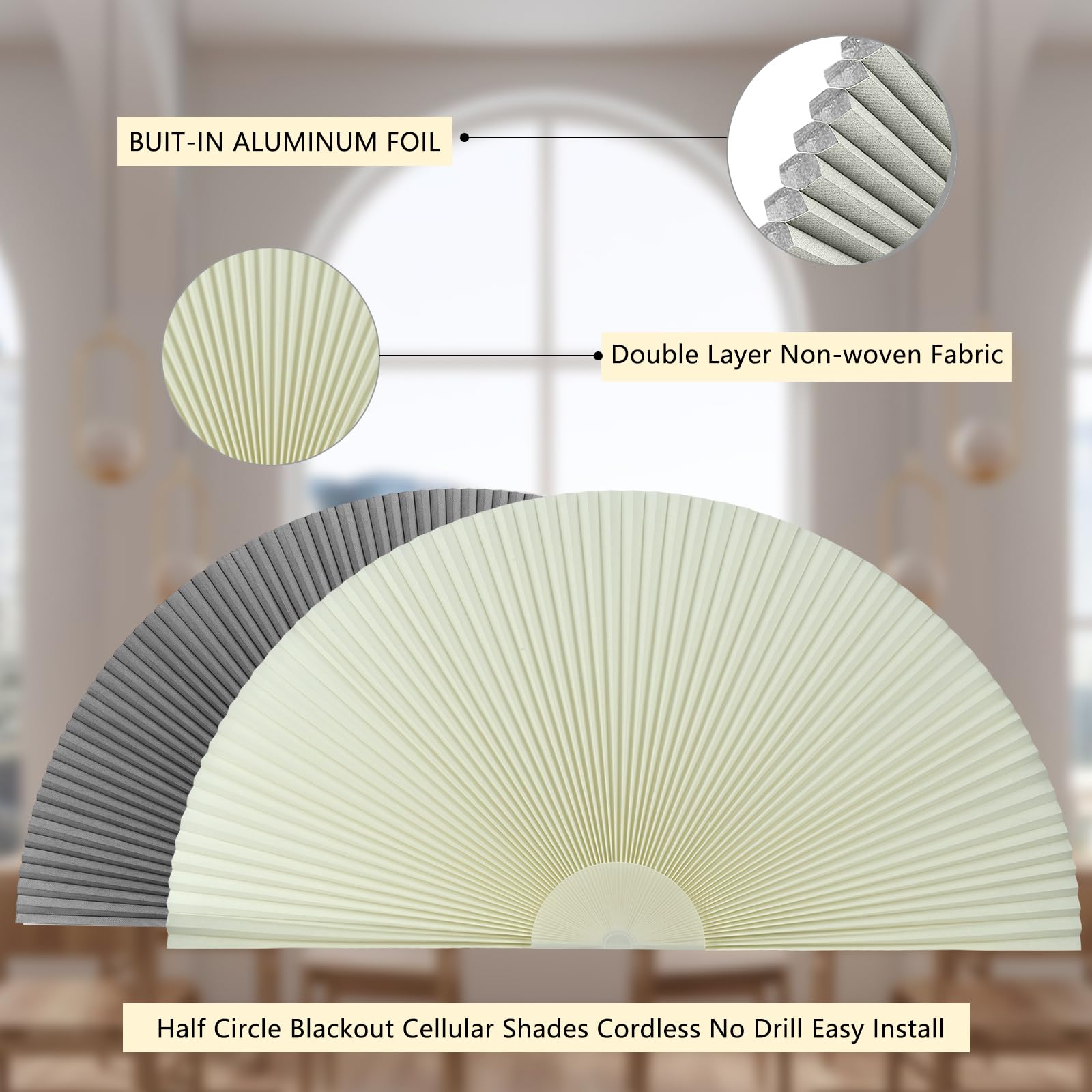 Arc fenêtre occultant – Stores cellulaires en demi-cercle pour fenêtre sans perçage – Stores en nid d'abeille sans fil pour fenêtre d'intérieur, stores bloquant la lumière faciles à installer (1