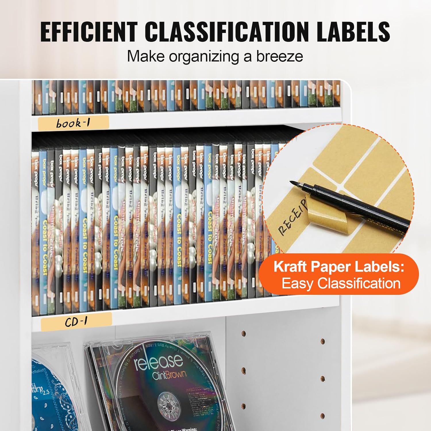 Close-up image of media cabinet shelves with kraft paper labels for classification.