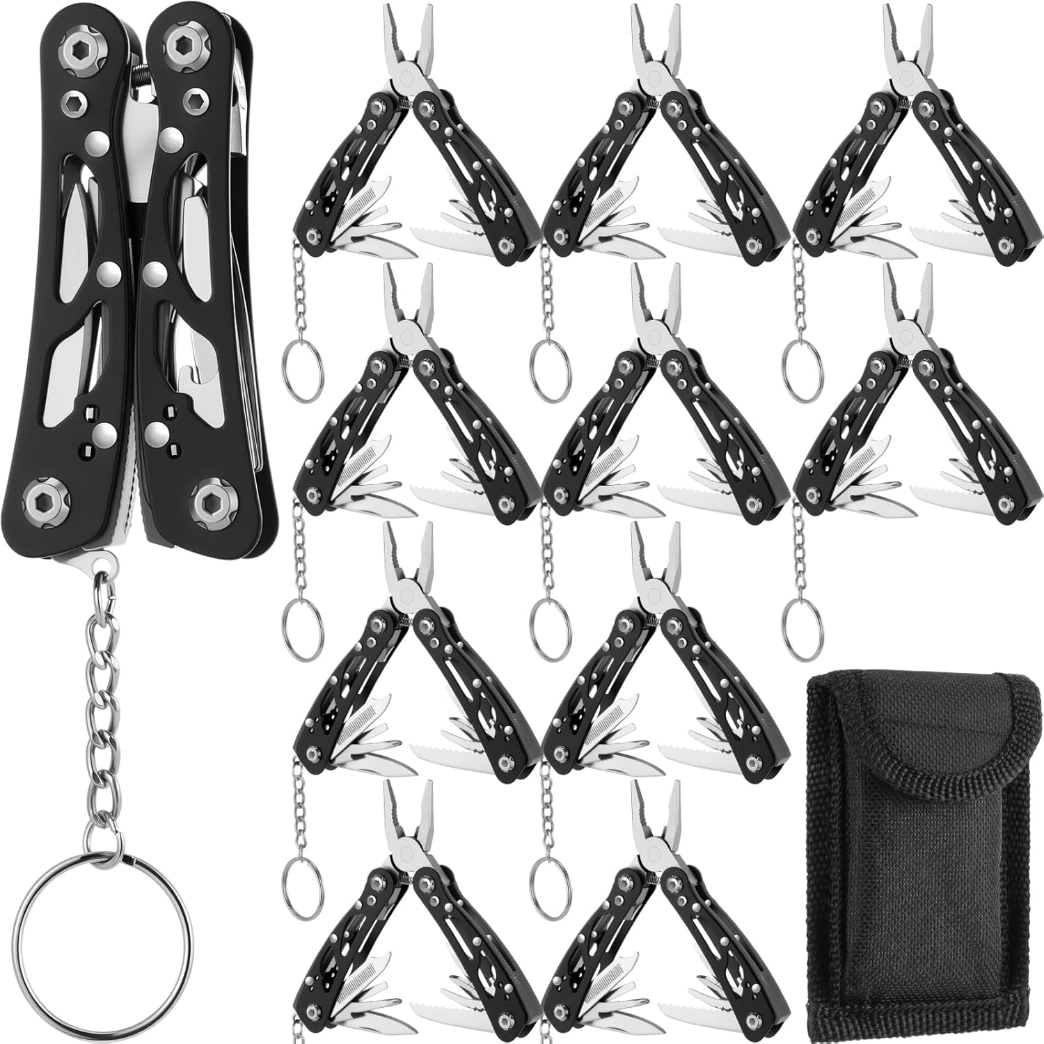 Lasnten 10 Sets Small Multitool Pliers Gift for Men, Stainless Steel Multi Tool with Oxford Cloth Cover, Pliers Foldable Knife Bottle Opener Screwdriver Apply to Camping Dad Gifts (Black)