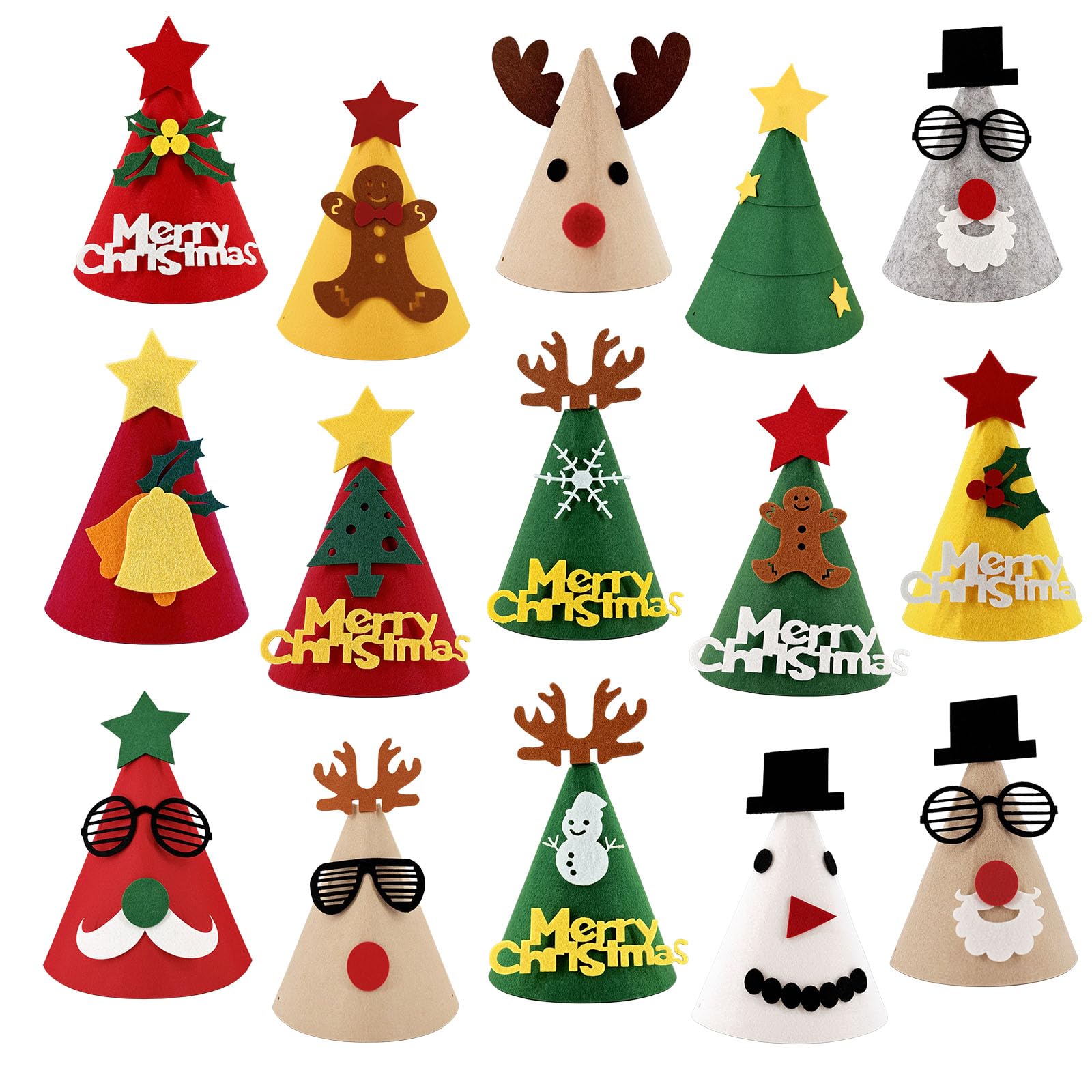 15P Christmas Party Hats for Adults,kids-Christmas Festive Photo Props for Felt Xmas Hats,Felt Santa Hats Christmas,Assorted Designs for Kids & Adults Xmas Party Hats Novelty Home Holiday Decor