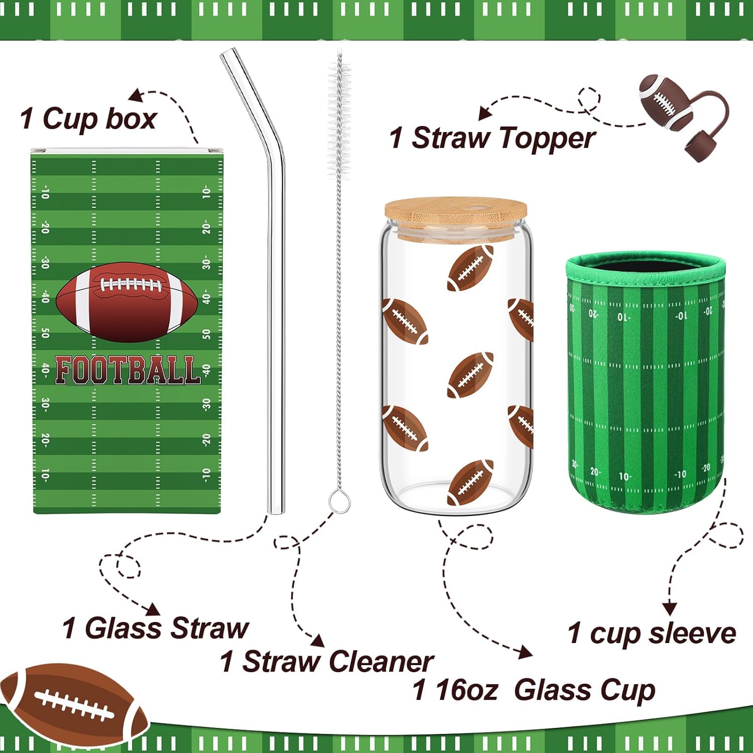 Football Lover Gifts, 16 oz Glass Iced Coffee Cup with Straw Stopper and Mug Sleeve, Football Glasses Cup Gifts Box for Women Man Sport Lovers - Image 2