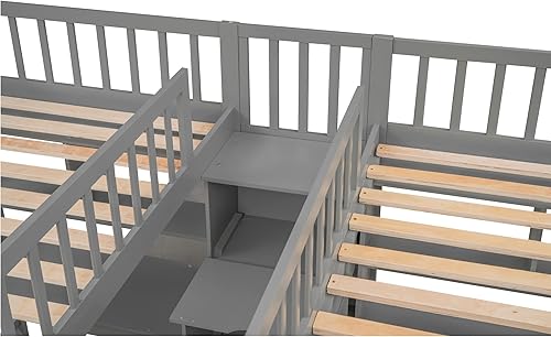 Miniatura 8 de MERITLINE Cama tipo loft de tamaño individual y individual con 2 escritorios y estantes cama doble de madera con escaleras y almacenamiento cama