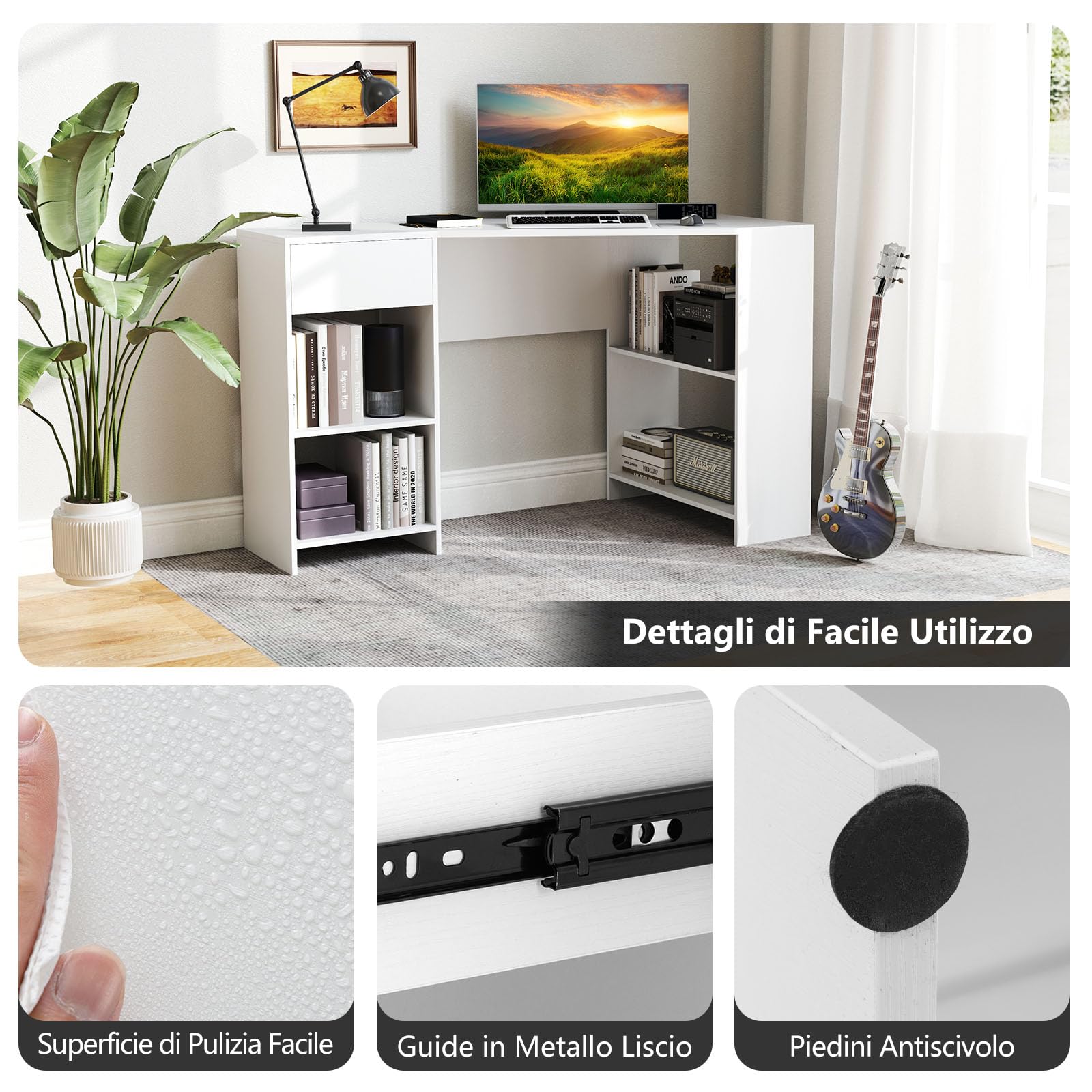 COSTWAY Scrivania ad Angolo per Computer 120 x 60 cm, Scrivania a Forma di L con Ripiani e Cassetto, Scrivania Angolare Gaming Salvaspazio per Ufficio, Studio e Cameretta, Bianco