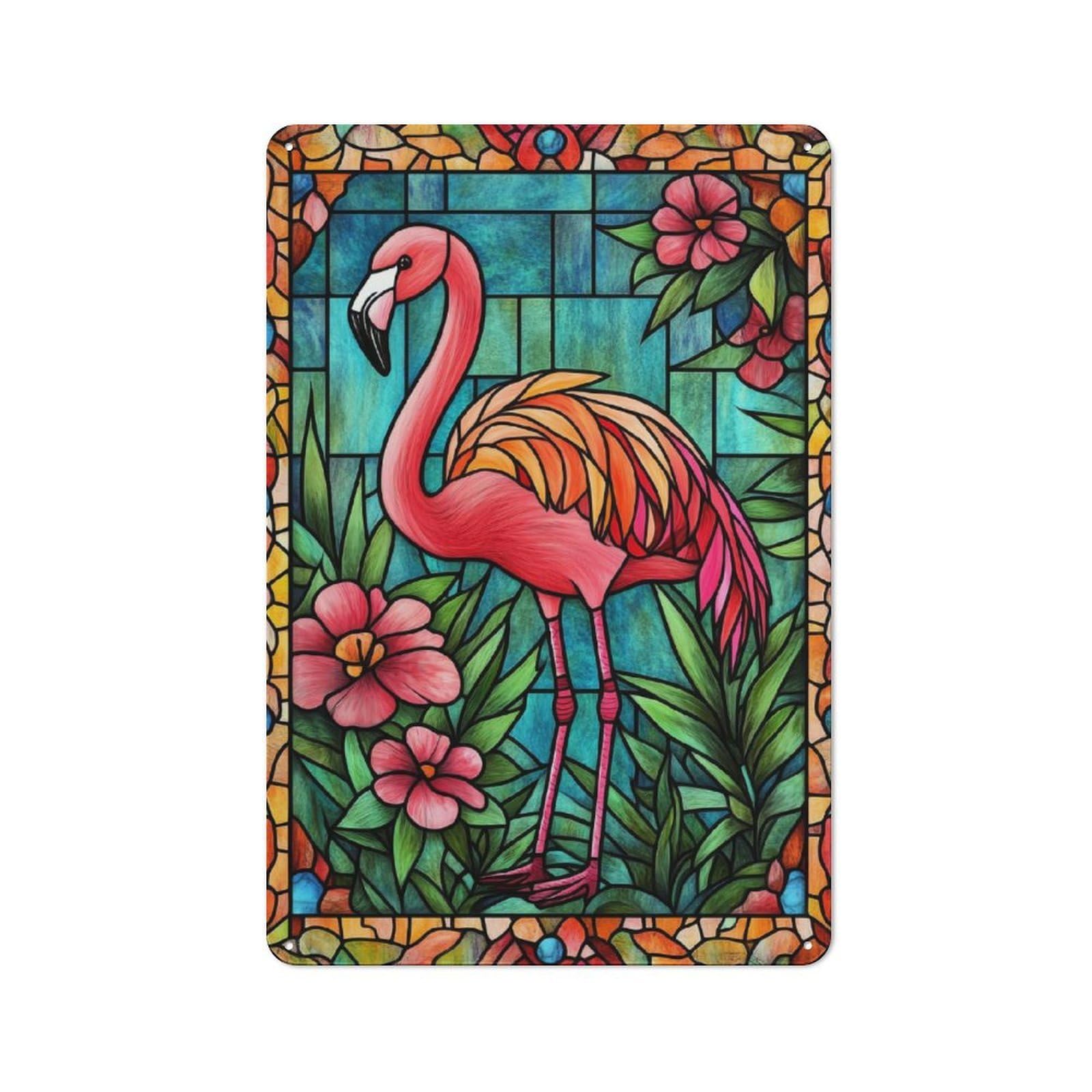 30x20cm Rustic Metal Plaque with Stained Glass Flamingo for Café Or Restaurant, for Themed Interiors in Cafés And Restaurants