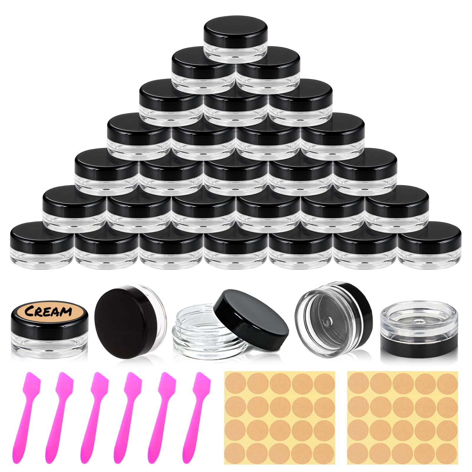 30 pcs 3 Gram Round Clear Sample Containers Plastic Mini Sample Jars with Lids for Creams, Powders, Glitters, 3ml Lip Balm Containers with Spatulas Labels-image-16