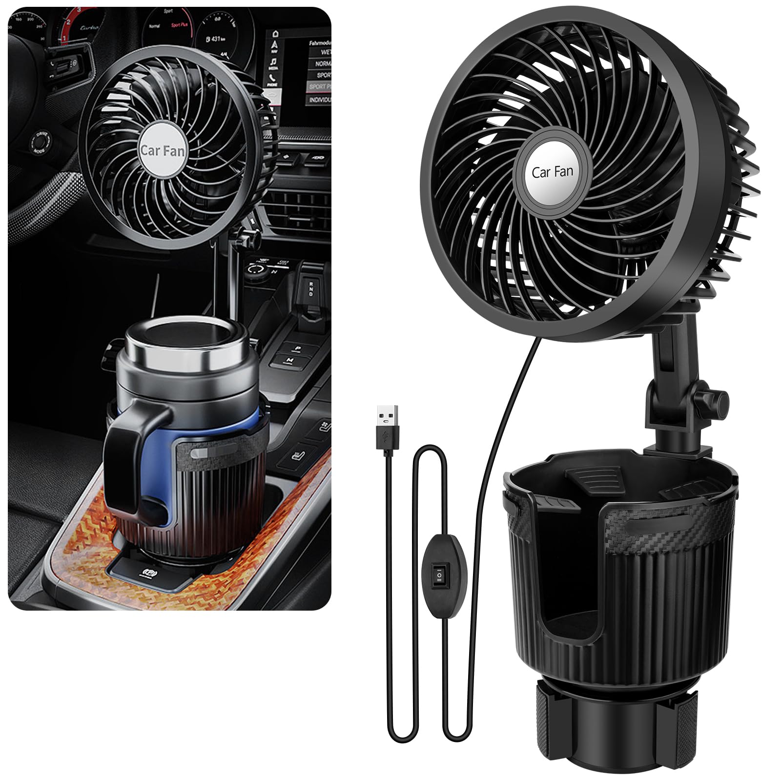 Suteng Car Fan, 2 in 1 USB Fan Car Cup Holder Expander with Adjustable Base, 6Inch 360 Degree Rotatable 2 Speed Portable Vehicle Cooling Fan for Car Vehicle, SUV, RV, Truck, Office, USB Powered