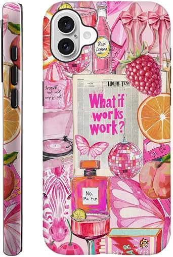 DAIZAG Case Compatible with iPhone 16 Plus,Durable Shock Protection Cover for Girl Women,Pink Strawberry Butterfly Disco Collage