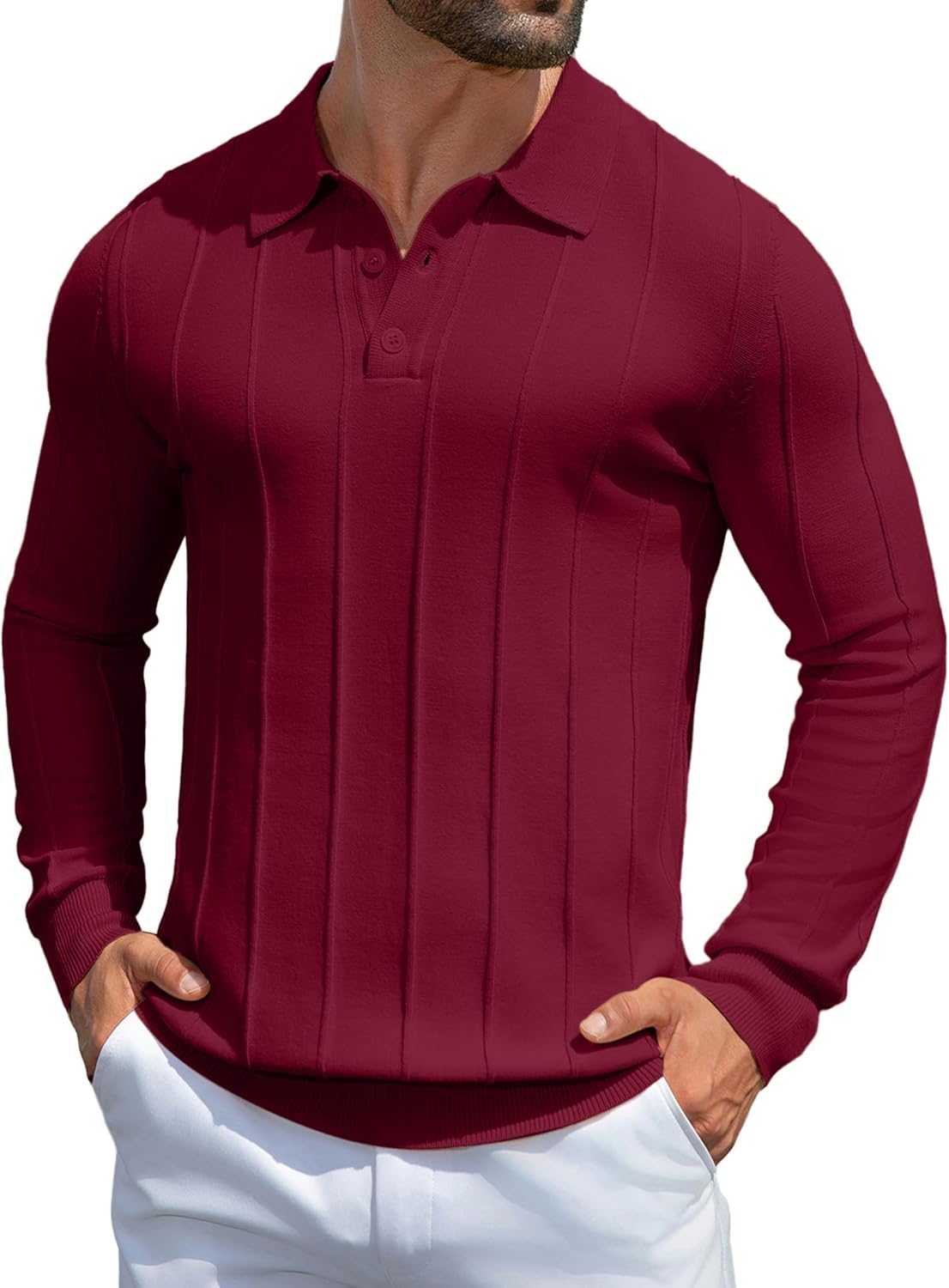 MioRoim Men's Knit Polo Shirts Casual Long Sleeve Polo Sweater Cable Ribbed Knitted Sweaters Vintage Golf Pullover Shirt