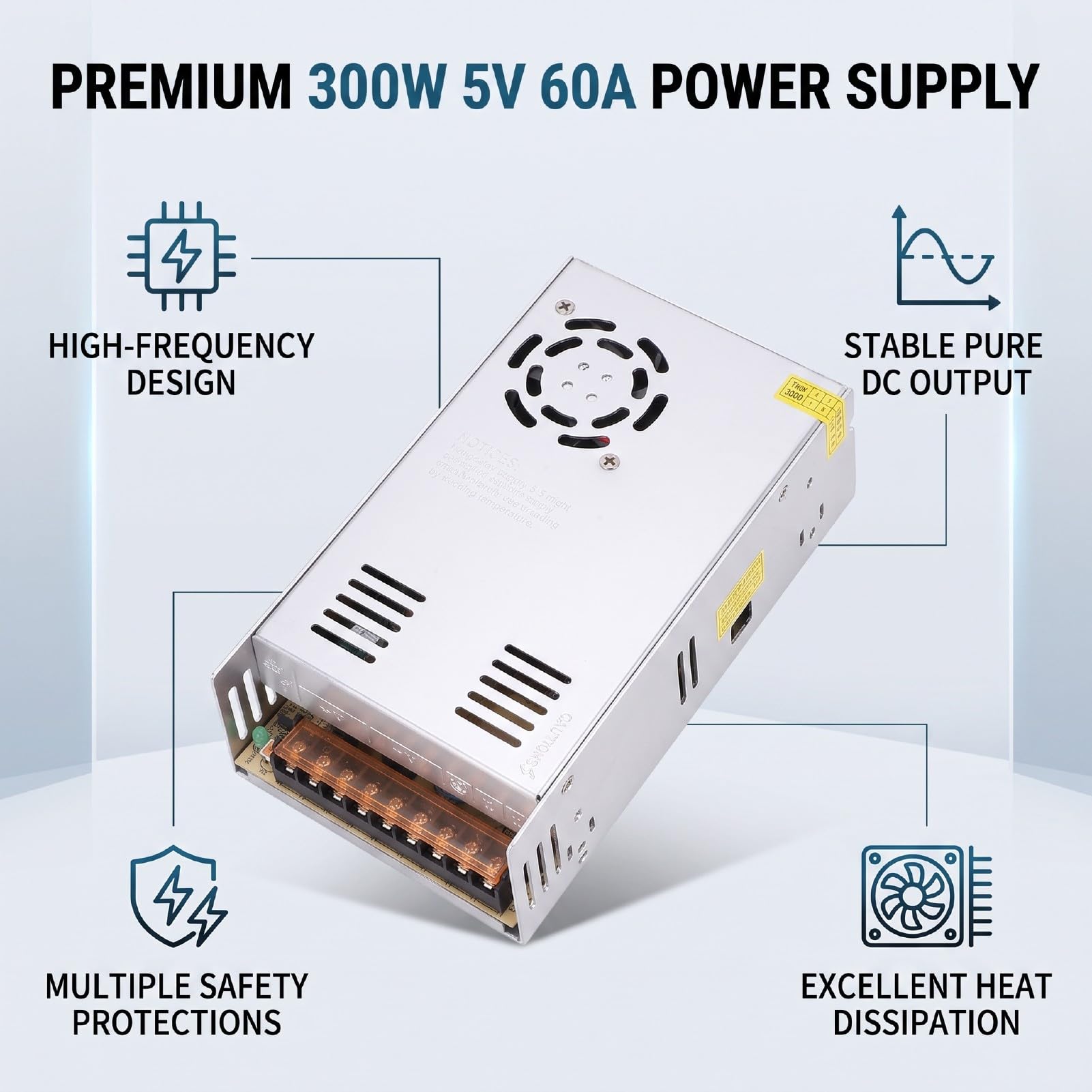 ViaGasaFamido 5V 60A Zasilacz Impulsowy 110V 220V AC do DC 300W | Adapter do Taśmy LED CCTV, Wyjście DC, Wiele zabezpieczeń, Aluminiowa Obudowa do Odprowadzania Ciepła, 24-godzinna Praca