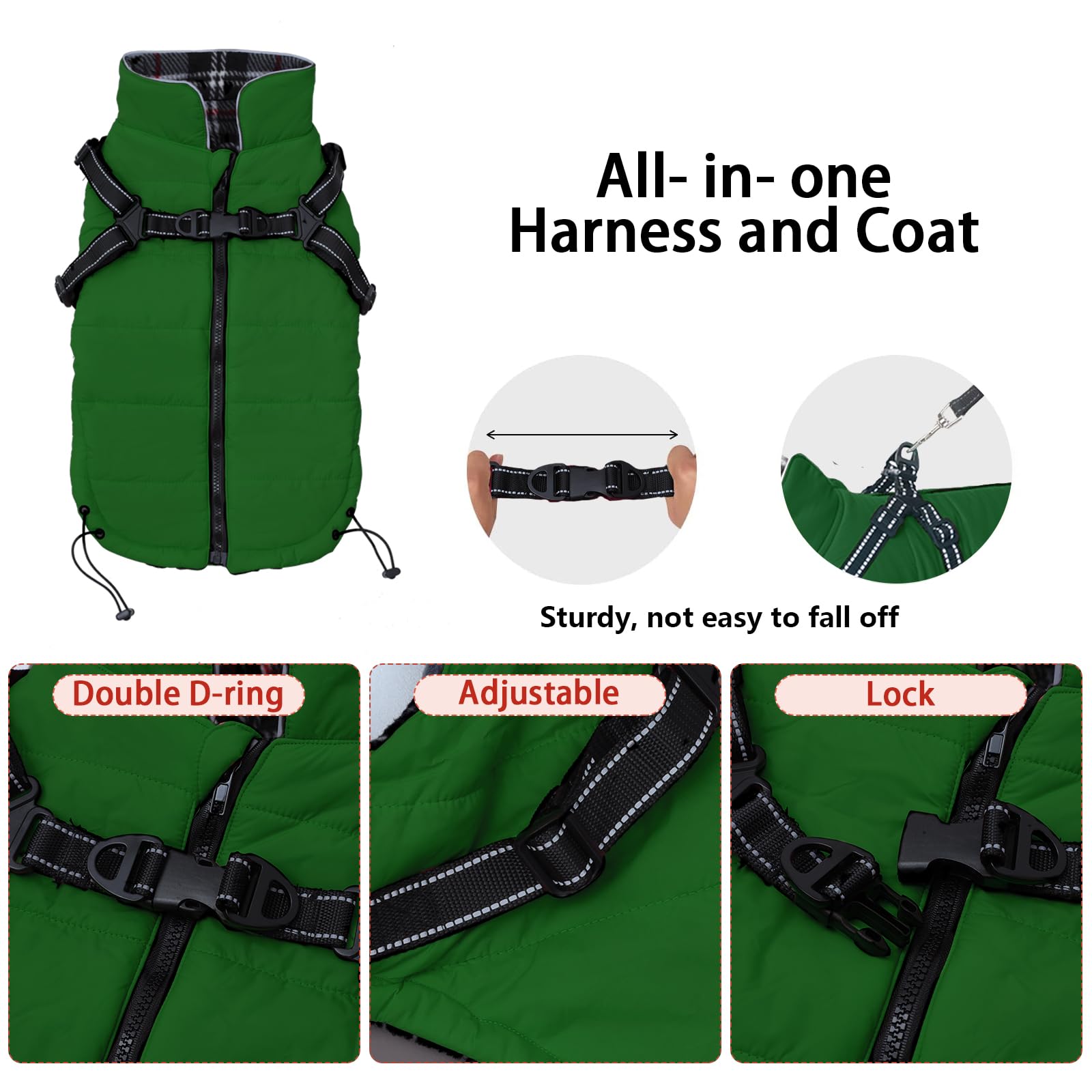 babepet Warm Pet Dog Coats with Harness,Waterproof Small Dog Jacket Coat,winter Dogs Clothes with Chest Strap,Zip Up Puppy Coat for Outdoor Walking-Green-S - Image 3