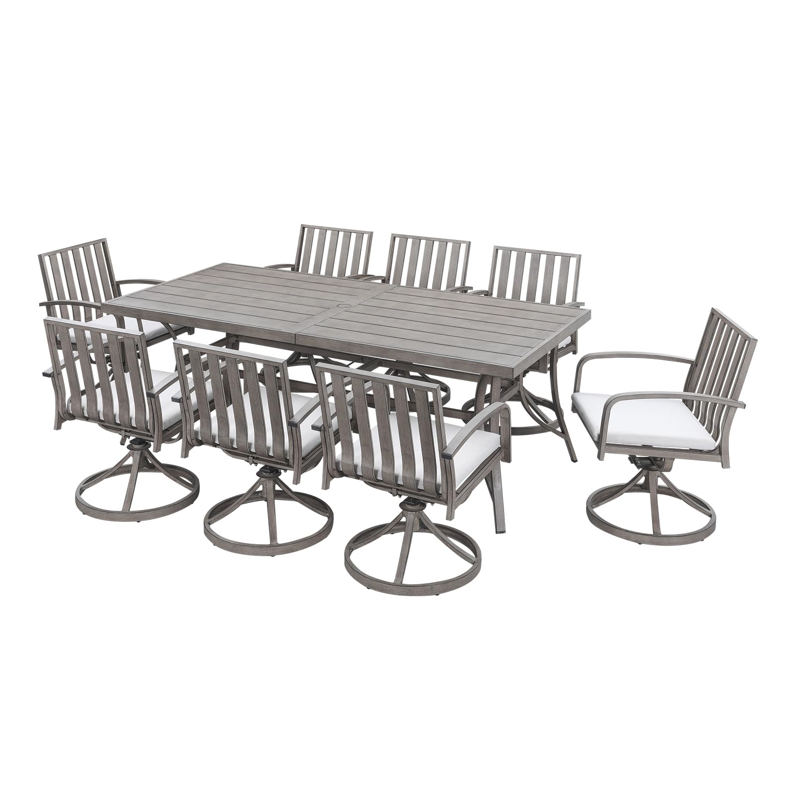 Juego de comedor al aire libre de 9 piezas, juego de comedor de aluminio de roble limado con sillas giratorias, juego de mesa y sillas de patio para todo tipo de clima para 8 personas con
