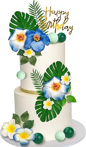 23 piezas de decoración de pastel de flores hawaianas con hojas de palma, hibisco, bolas de flores para Hawaii, Aloha, selva, temática de verano,