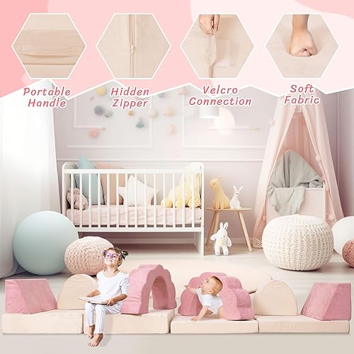 Miniatura 5 de Sofá de juegos para niños, 10 unidades, sofá seccional de espuma de alta densidad, muebles para dormitorio de niñas y niños (rosa)