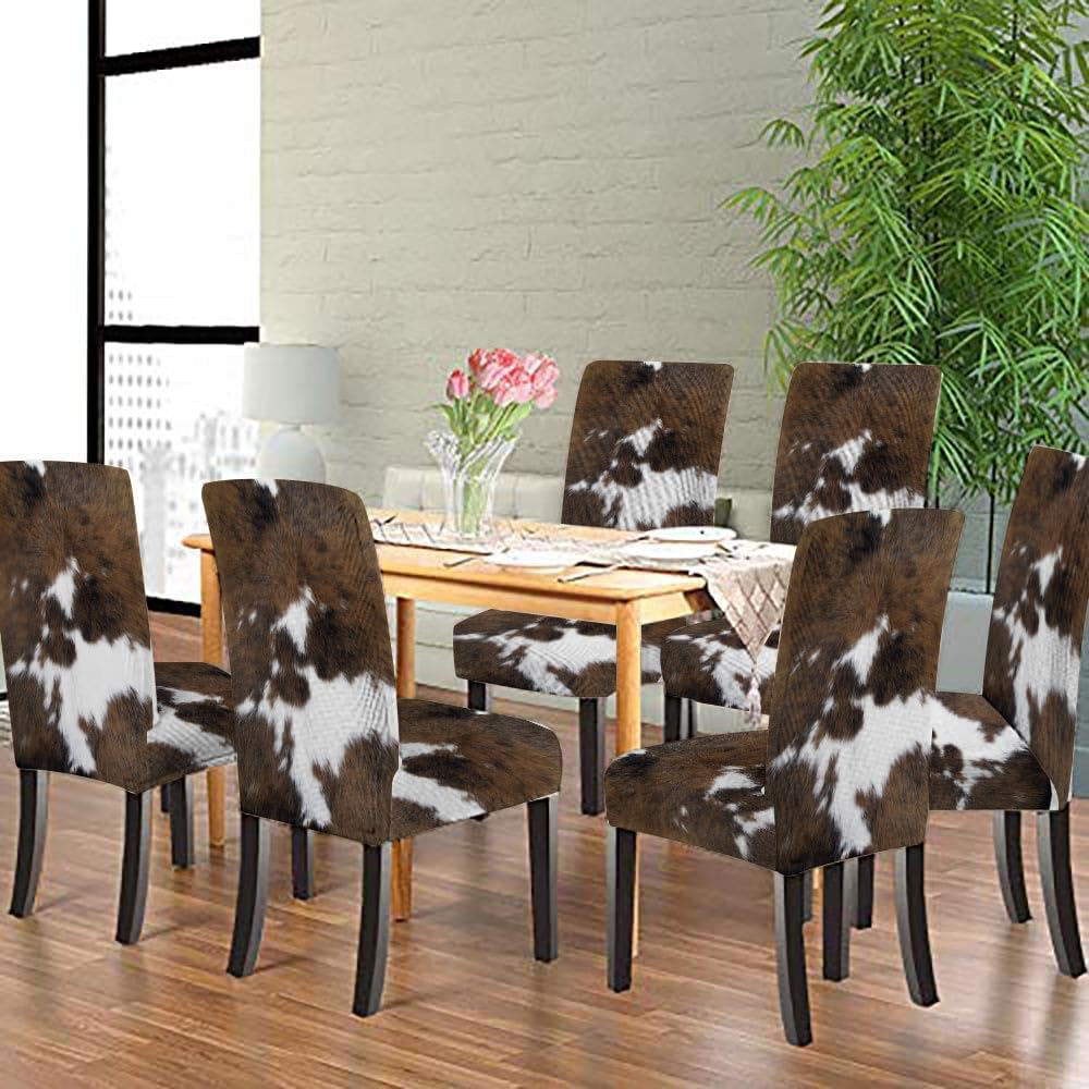 TOMWISH Chair Covers for Dining Room Set of 6,Cowhide Printing Spandex Stretch Dining Room Chair Cover,Removable Washable Kitchen Parsons Chair Covers Seat Slipcovers