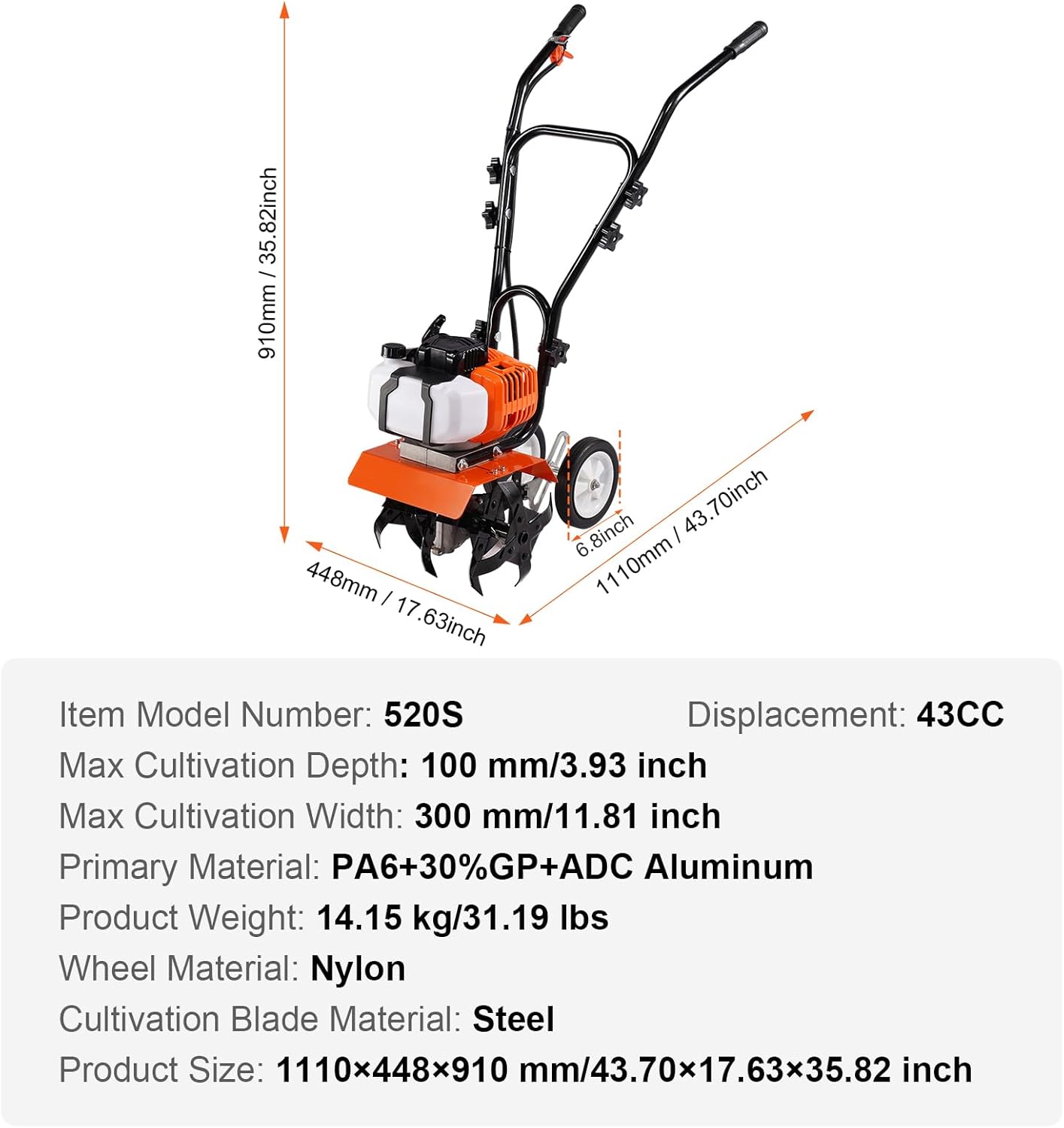 Diagram showing the dimensions of the VEVOR tiller and a list of its key specifications.