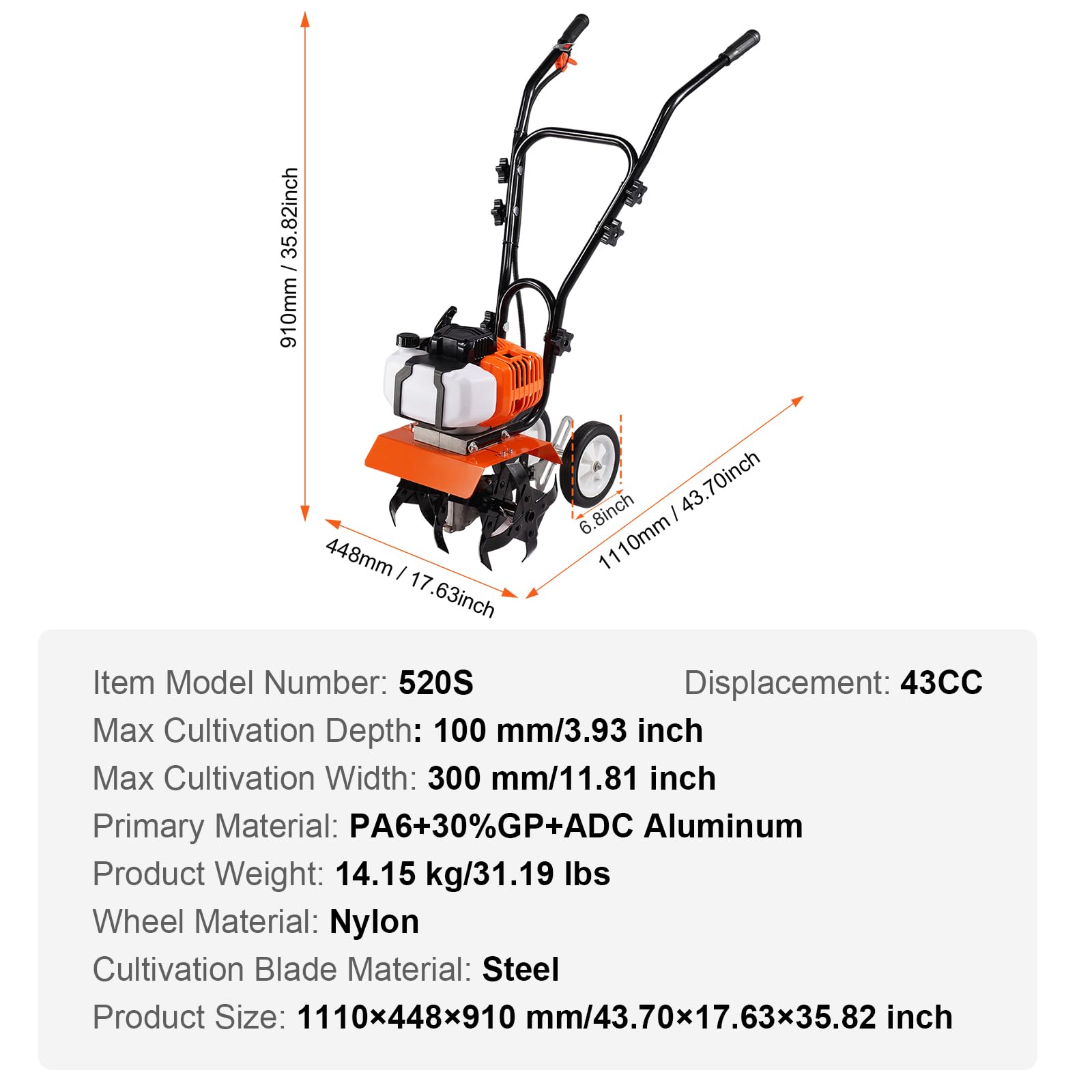 VEVOR Motocultor Térmico con Motor de Gasolina de 43 CC de 2 Tiempos con 4 Púas Delanteras Ajustables de Acero Ruedas Grandes Fácil Instalación Cultivador de Tierra para Huerta, Jardinera, Campos