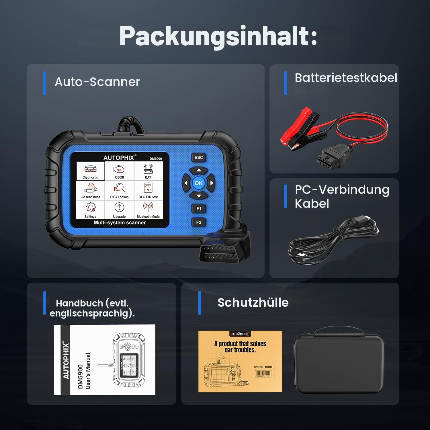 AUTOPHIX 4 Systeme Auto Diagnosegerät für ABS, SRS, Getriebe & Motor, 3 in 1 Bluetooth OBD2 Scanner, 12V Autobatterietester, KFZ Diagnosegerät mit Voller OBD2 Funktion