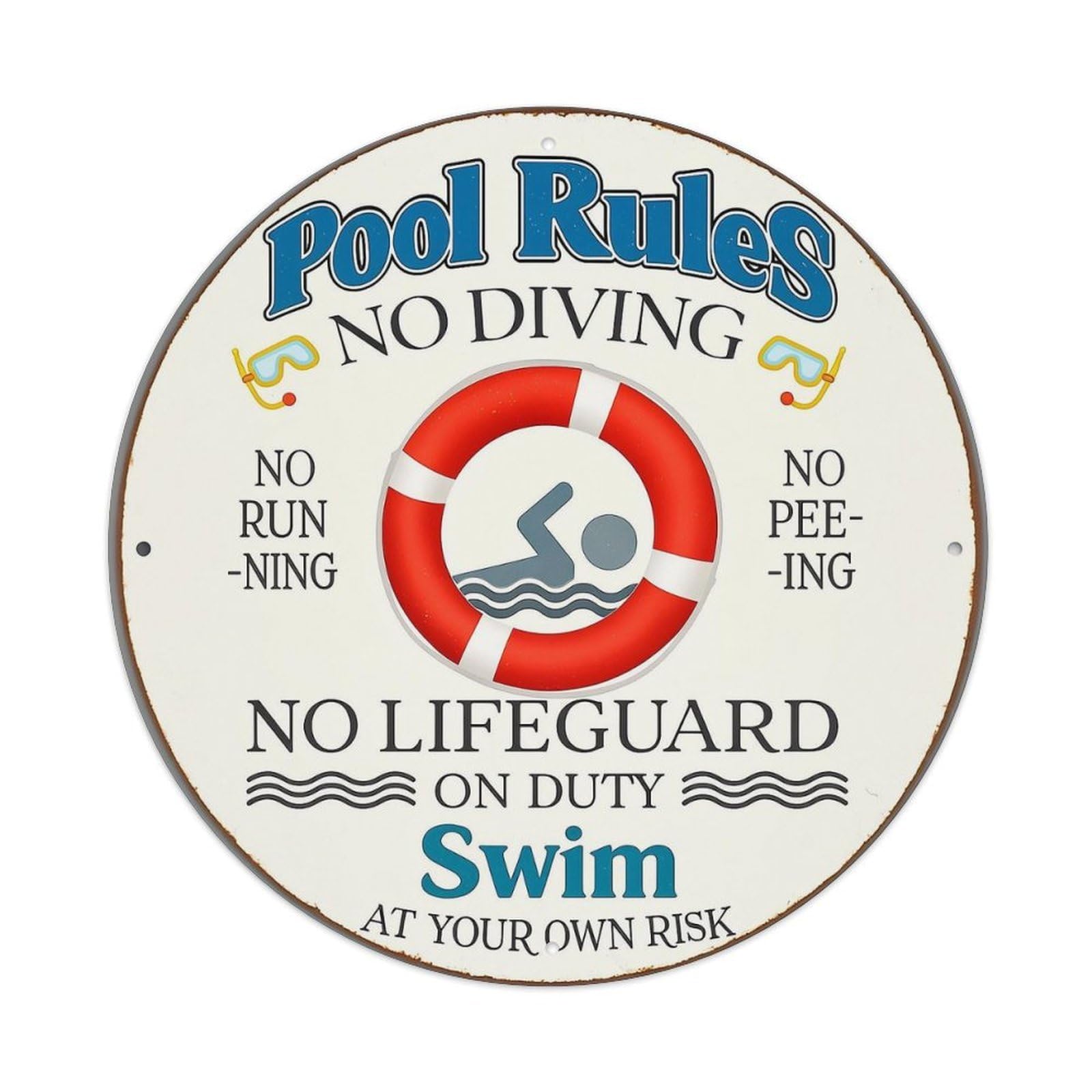 Pool Rules No Diving No Running No Peeing No Lifeguard Swim At Own Risk Vintage Round Tin Sign Retro Metal Wall Decor Metal Poster, Home Bar Garage Cafe Wall Art Decoration 8x8Inches