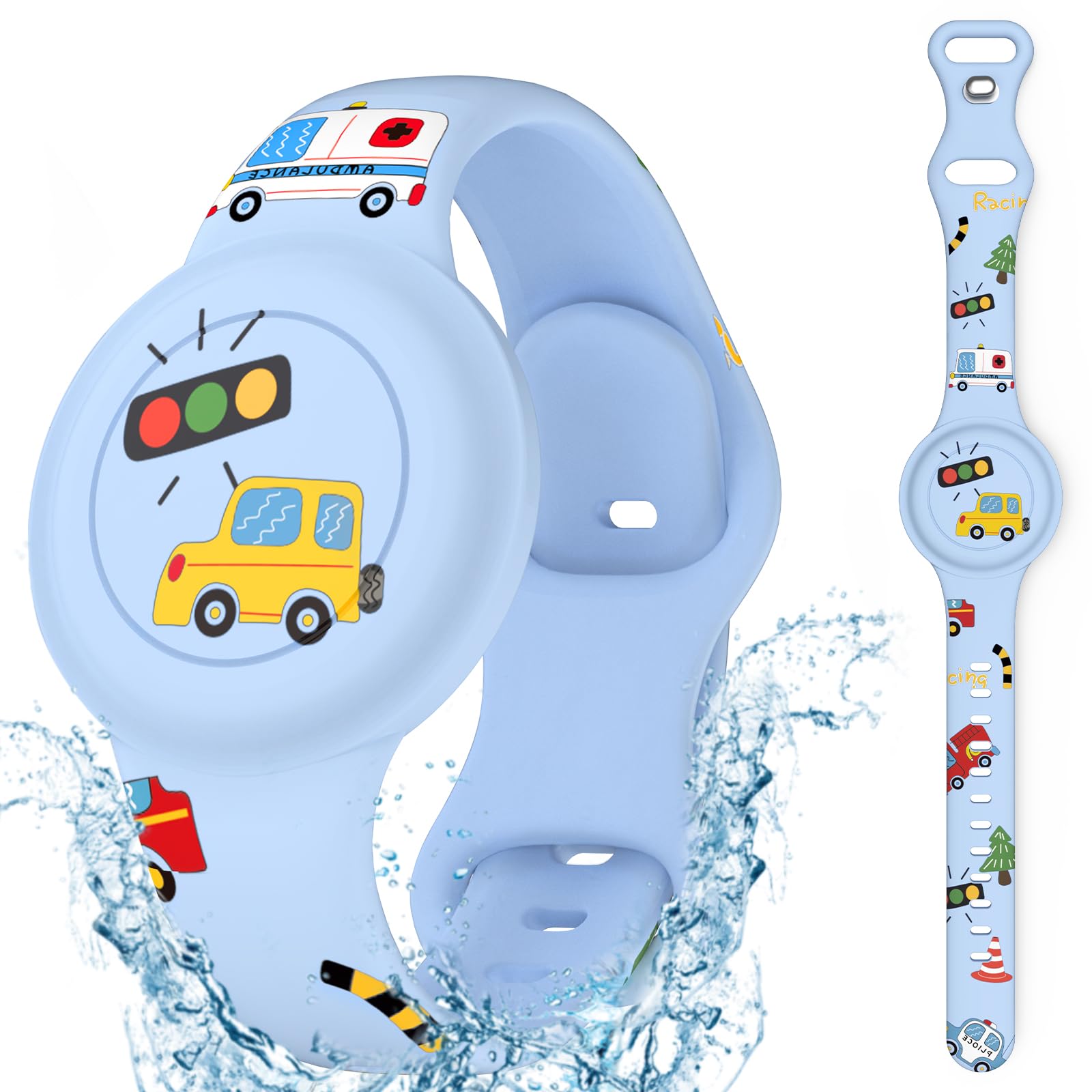Waterproof Air Tag Bracelet for Kids, Cute Cartoon AirTag Holder for Kids Soft Silicone Full Coverage Hidden Airtags Wristband for Apple GPS Tracker Item Finders,Sky Blue Cartoon Cars