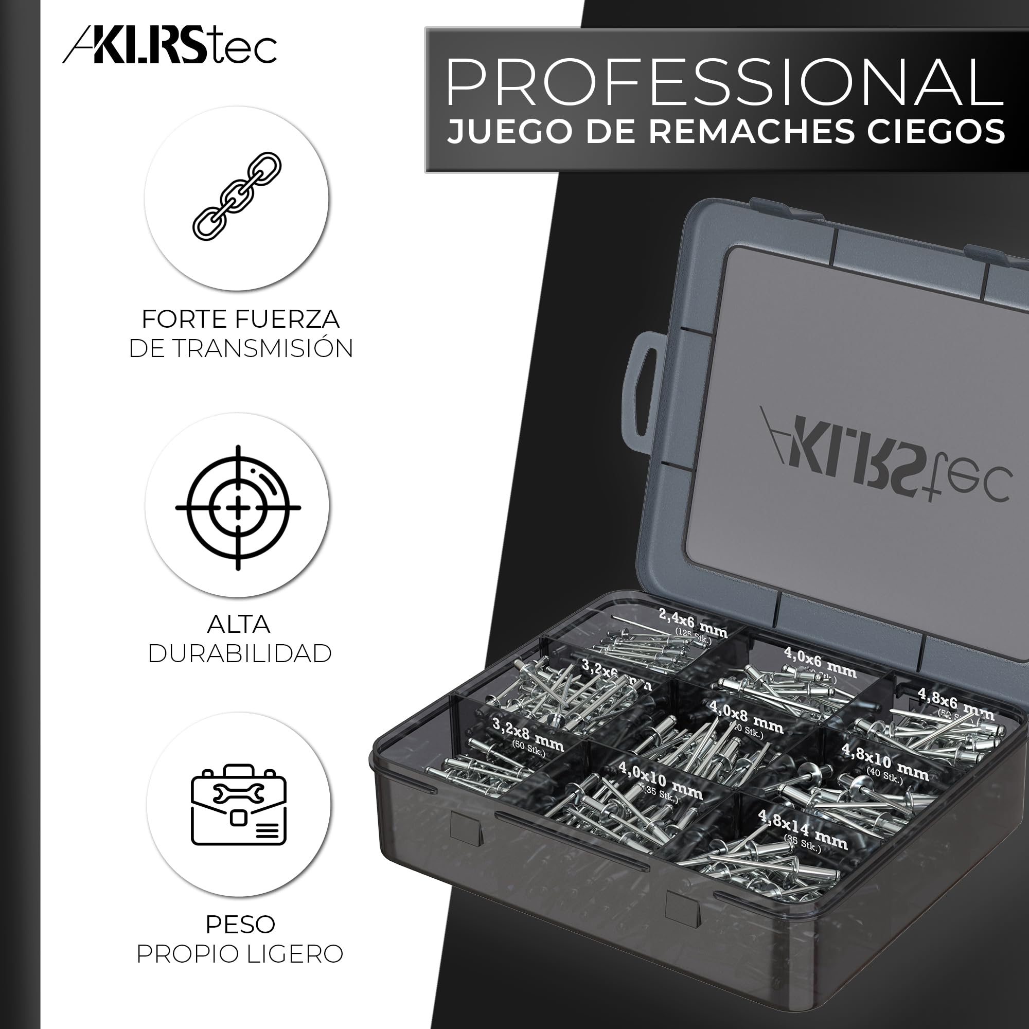 KLRStec Profesional Juego de Remaches Ciegos 500 Piezas de Aluminio y Acero para Remachadora – 125 Piezas de Cada Tamaño 2,4 mm, 3,2 mm, 4,0 mm y 4,8 mm