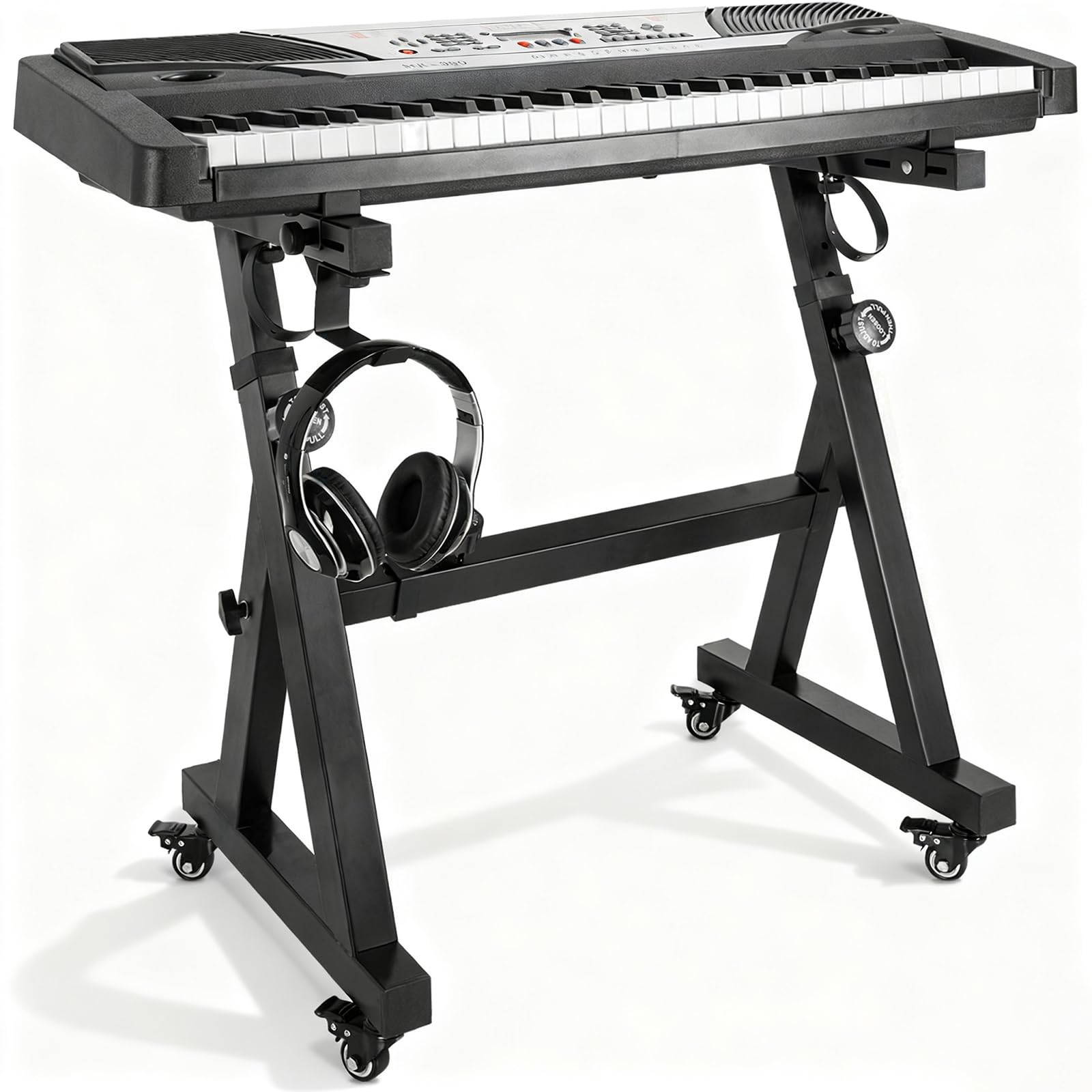 Keyboardständer, Z-Form Klavierständer, Robuster &Tragbarer Digitalpianoständer, Verstellbarer Klavierständer mit 4 Rollen & Kopfhörerhaken,Geeignet für Digitalpianos mit 54-88 Tasten, Schwarz