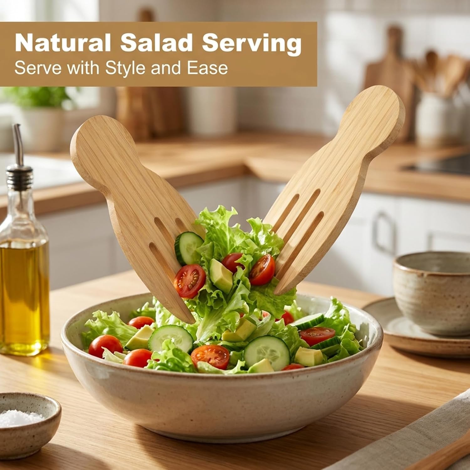 Bamboo Salad Tossers Set of 2, Natural Wooden Salad Servers with Thumb Hook, Ergonomic Serving Utensils for Mixing and Serving, Ideal Kitchen Gift Idea