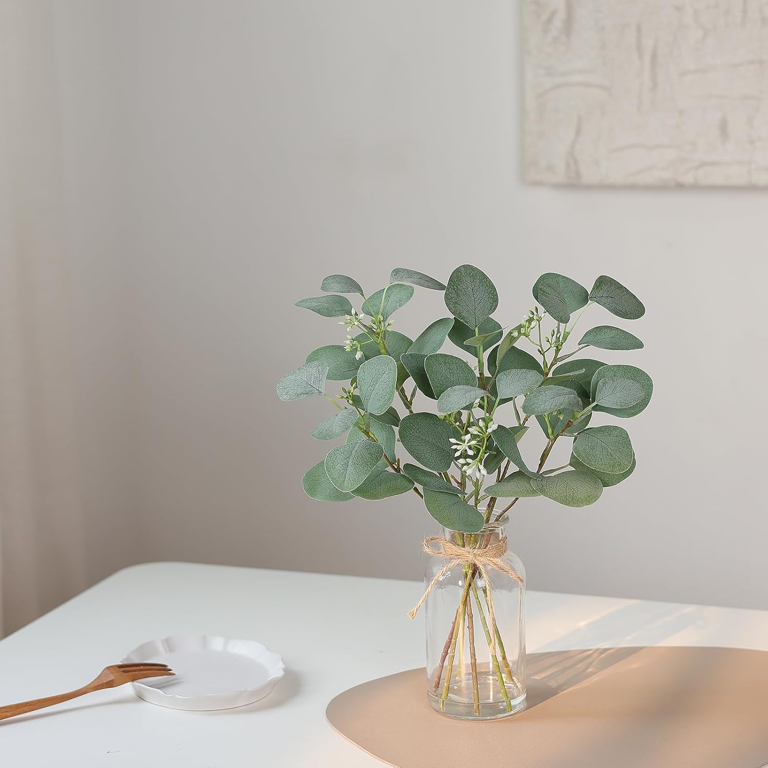 YXZZWL 2 Pcs Artificial Eucalyptus Stems in Glass Vase with Faux Water,15" Fake Plant Eucalyptus Leaves White Seeds for Bathroom Shelves Table Kitchen Room Farmhouse Home Decor (Grey Green)