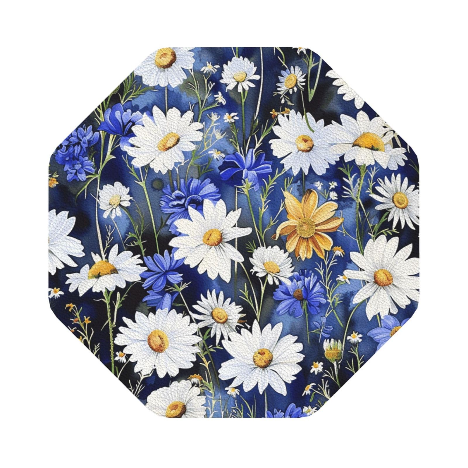 Wild Flowers and Cornflowers Daisies Print Leather Coaster Set of 6, Octagon Coasters Table Decorative Coffee Cup Beverage Coasters Wine Beer Bar Coasters for Hot Drinks Table Protection