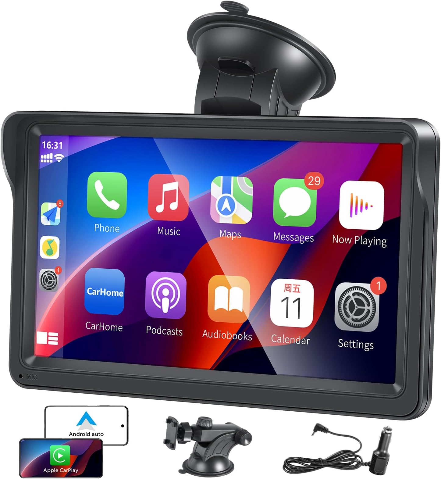Car Play, Portable Wireless Carplay & Android Auto, Car Stereo Display, 7 Inch HD IPS Touch Screen, Car Radio with Bluetooth Hands-Free Calling/Mirror Link/GPS Navigation/USB/TF Card/AUX/FM