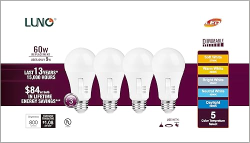 Miniatura 2 de LUNO Bombilla LED regulable A19, 9 W (equivalente a 60 W), 800 lúmenes, color seleccionable, 2700K, 3000K, 3500K, 4000K, 5000K, 5CCT, certificación