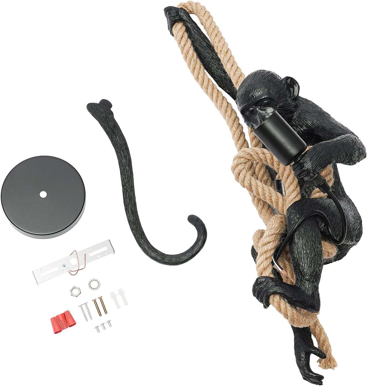 TFCFL Resin Monkey Pendant Light with Hemp Rope, Industrial Edison Retro Chandelier, E27 Hanging Lamp Fixture for Indoor Creative Decor & Lighting, 13.7 * 78.7 Inches (Pendant Light - Black)