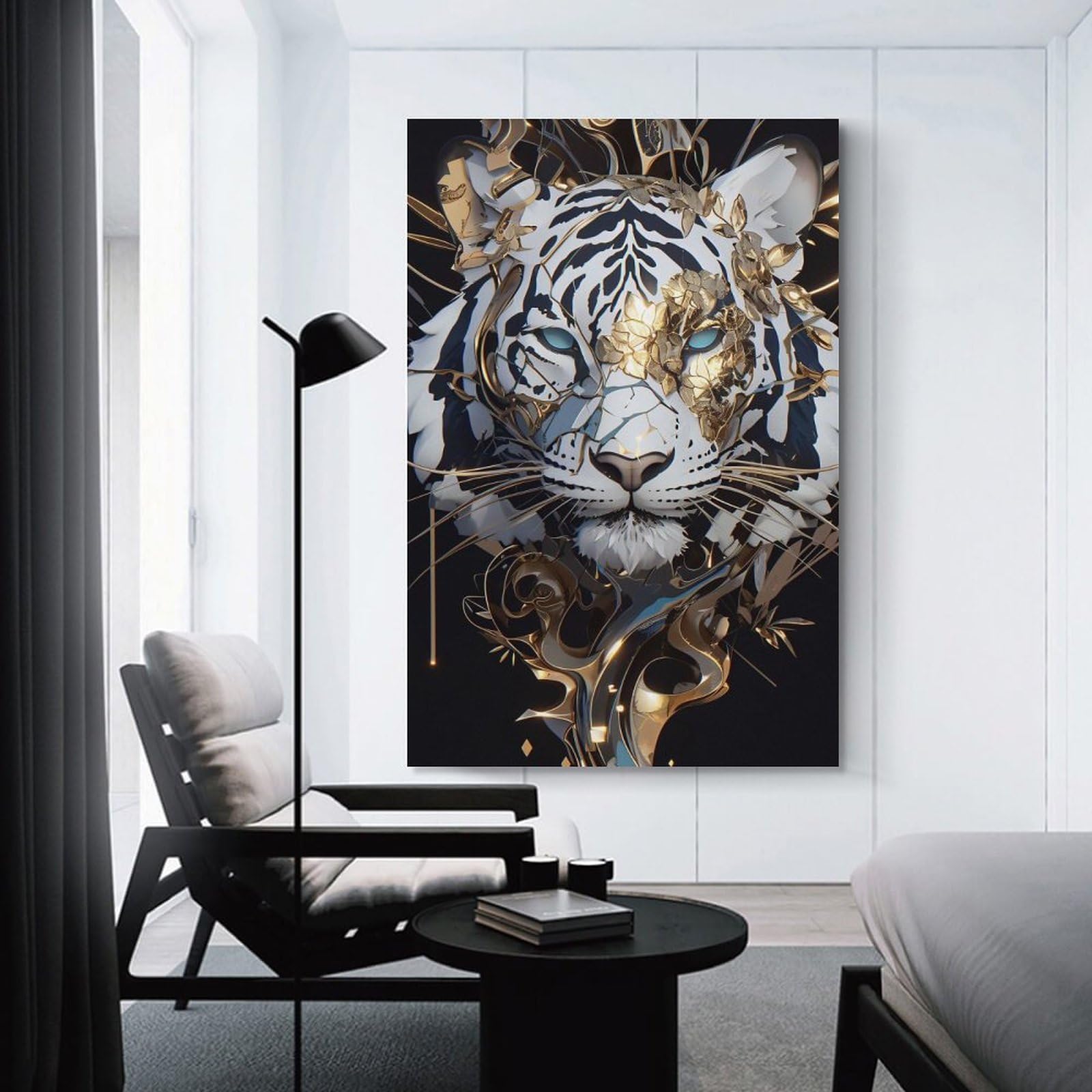 Junmoney White Tiger with Golden Floral Adornments Canvas Art Print, 20x30inch(50x75cm), for Bedroom Decor, Cosy Corners Or Studios, A Warm Accent for Relaxed Interiors