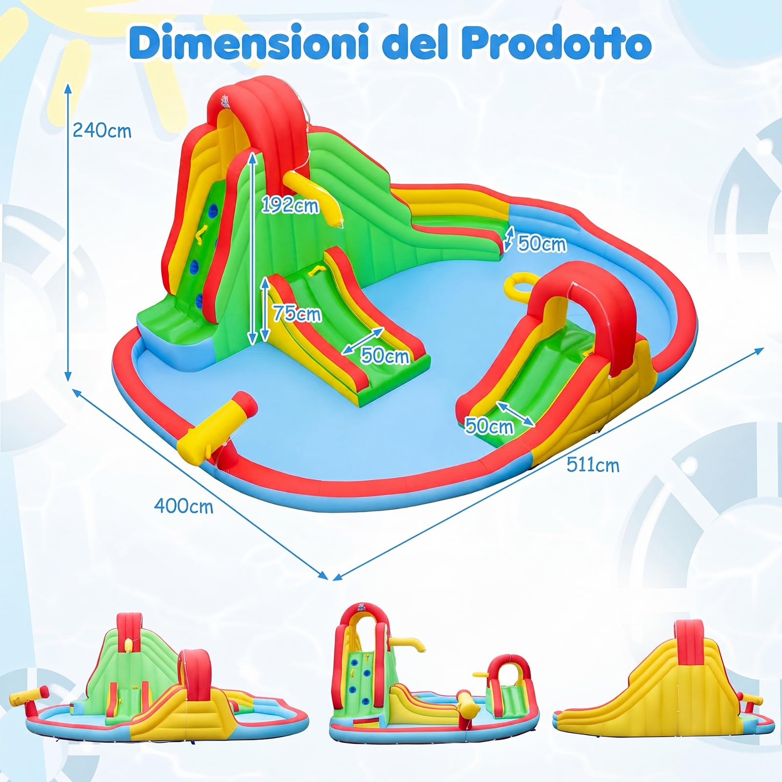 COSTWAY Castello Gonfiabile per Bambini 3-12 Anni, Grande Parco Acquatico di Giochi con Doppio Scivolo, Piscina, Parete da Arrampicata e Canestro da Basket, per Interno e Esterno