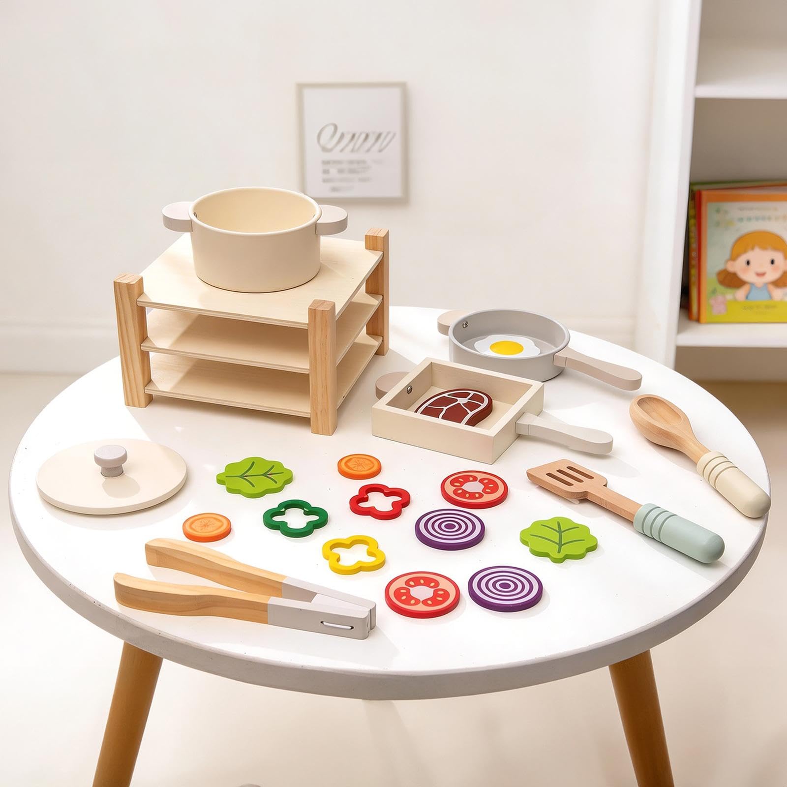 Accessorio da Cucina Giocattolo in Legno con Utensili, Gioco di Ruolo interattivo per Bambine, Set da Gioco per fingere di Cucinare.