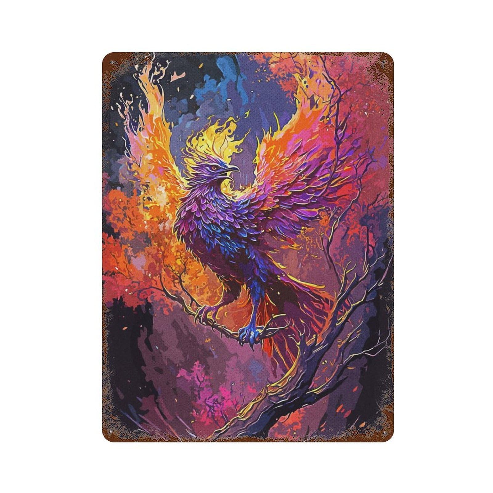 Distressed Metal Wall Sign Mystic Phoenix 15.7"x11.8", Vintage Wall Decor for Garage, Bar And Workshop Decor