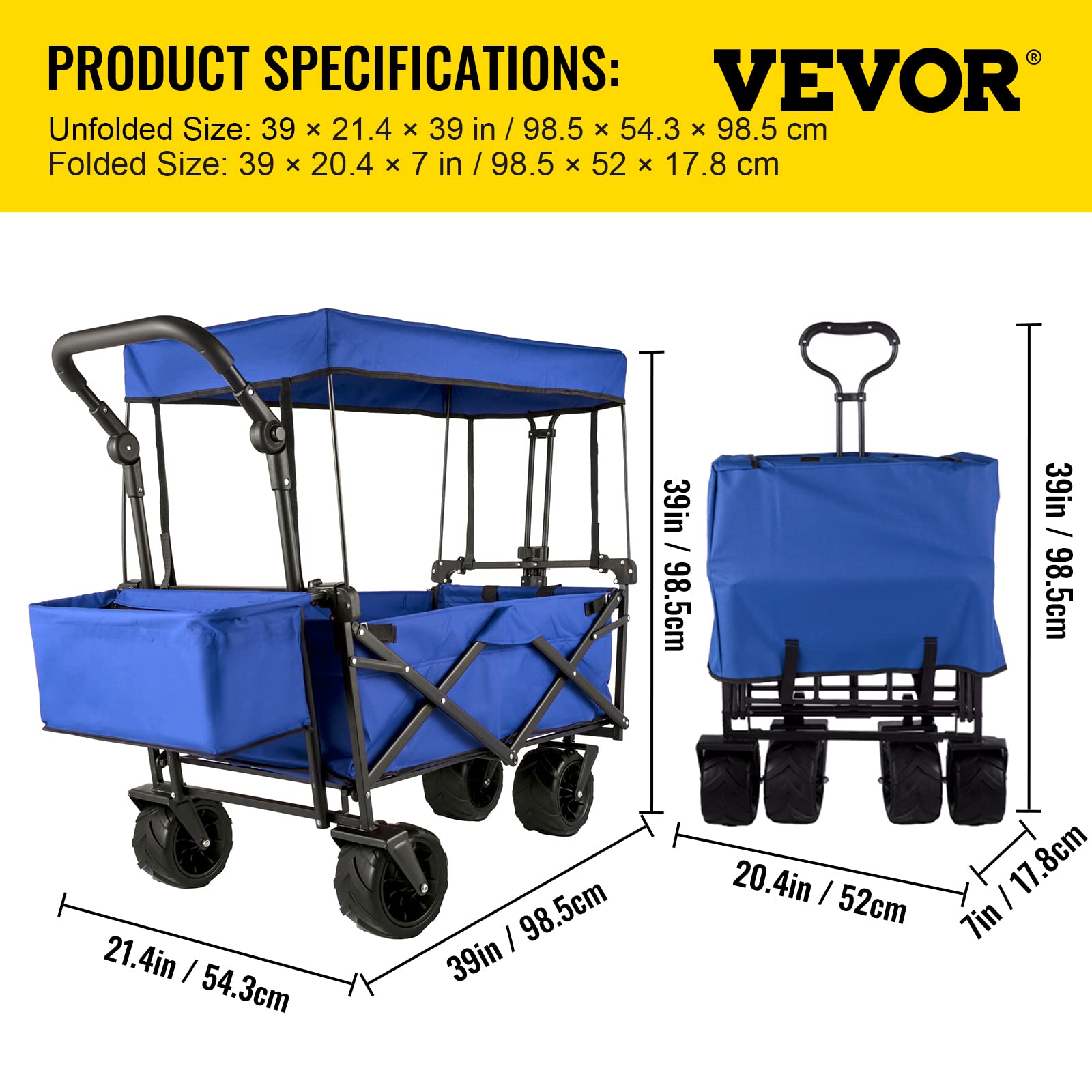 VEVOR Bollerwagen Faltbar 92,7 x 54,3 x 98,5 cm, Handwagen faltbar 100 kg, Blauer Bollerwagen Dach Luftreifen 600D Oxford Polyester, Klappbarer Handwagen mit 2 Klettbändern, für Aktivitäten im Freie